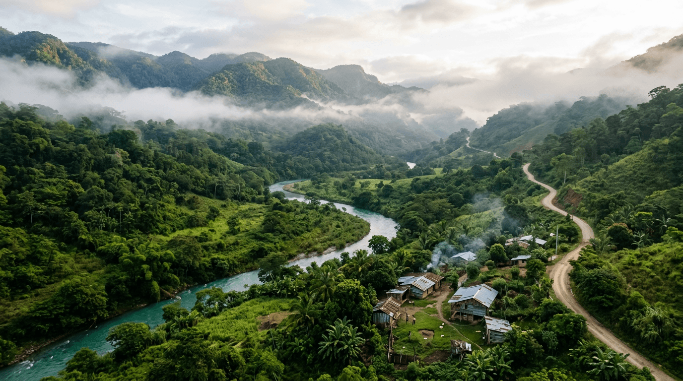 Valle de la selva chinanteca con un río turquesa, un pequeño pueblo y un camino que sale hacia la ciudad